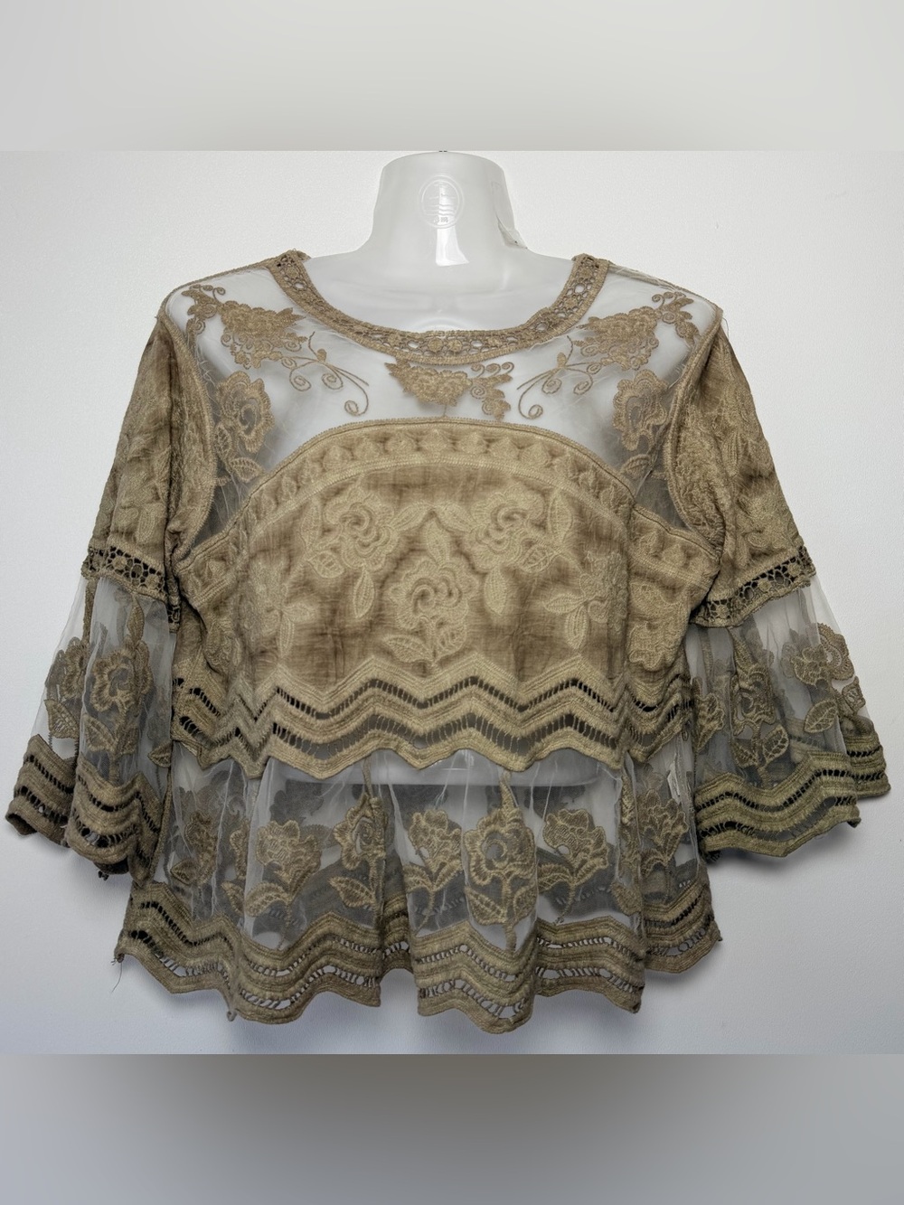 Simply Couture Embroidered Sheer Bell sleeves Blouse Top women M Boho Hippie